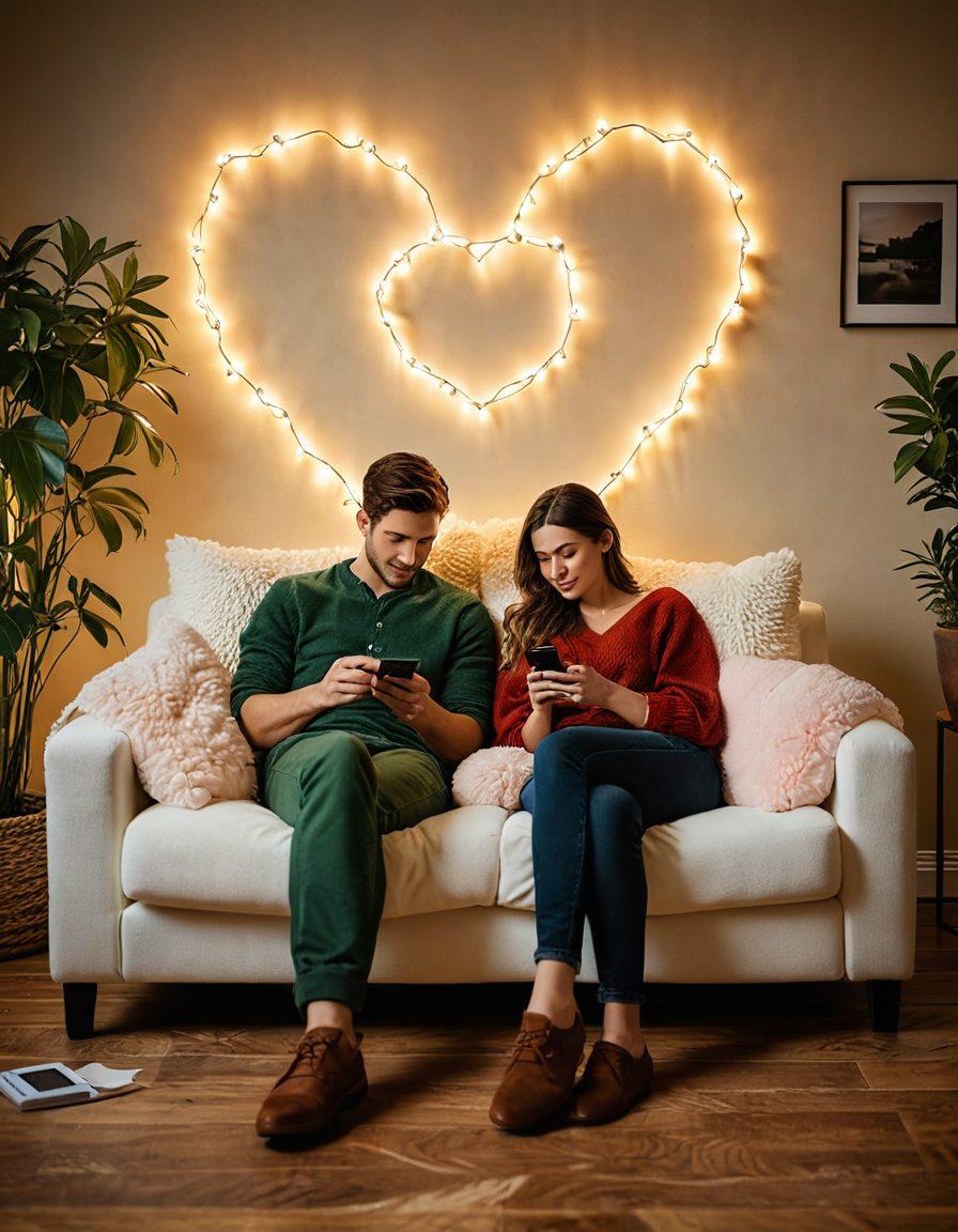 A cozy, intimate setting with a couple sitting close together, both staring at their smartphones while being surrounded by soft, warm lighting. Incorporate heart shapes made of digital connections (like signals and waves) floating around them to symbolize deep attachment through technology. Include elements of nature like plants to contrast the digital theme, highlighting the blend of modern love and nature. super-realistic. warm tones. soft focus.