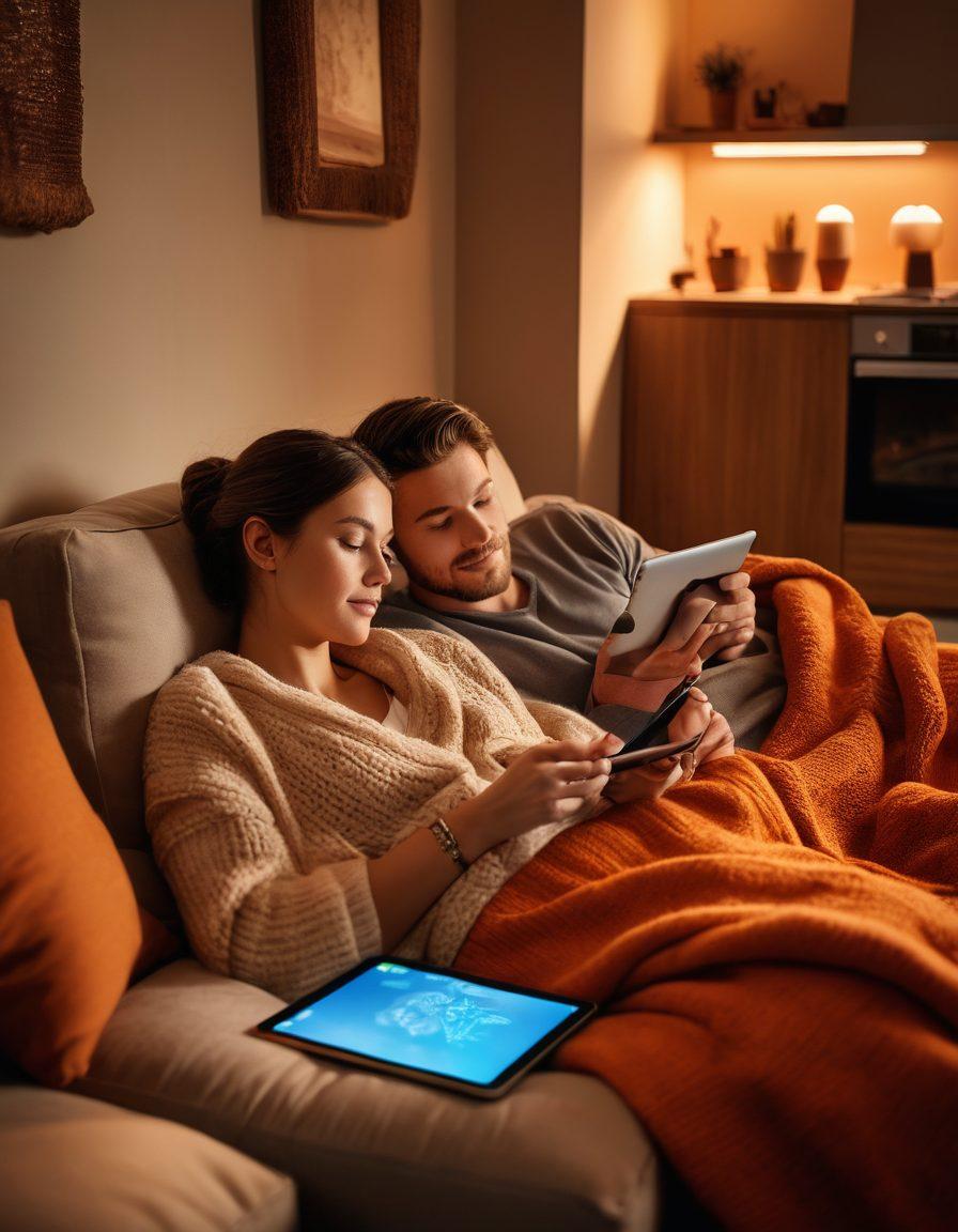 A warm and cozy living room scene featuring a couple using various tech gadgets to connect intimately, like a tablet displaying shared memories, smart home devices softly illuminating the space, and wearable tech showcasing heart rate interactions. The atmosphere is filled with warmth and love, showcasing both modern technology and human connection. soft glowing lights, inviting colors, and comfortable textures. super-realistic. vibrant colors.