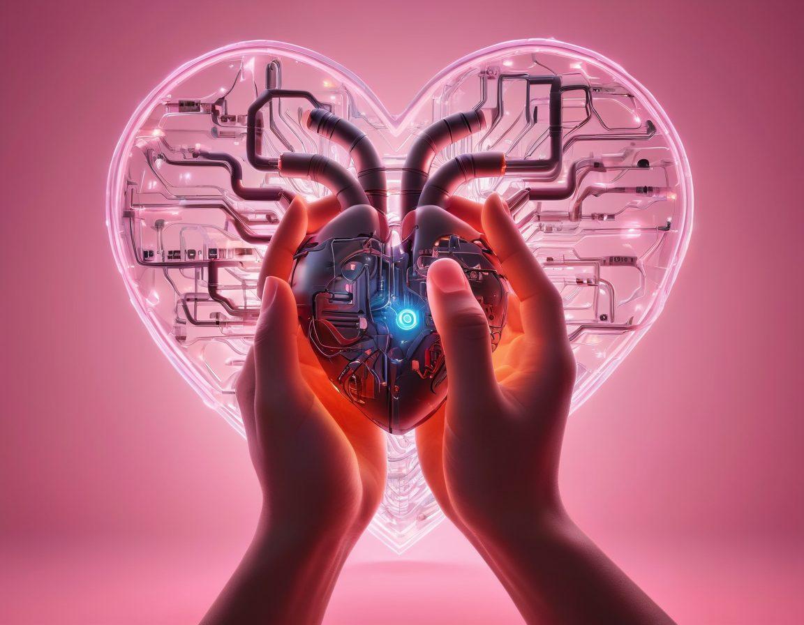 A high-tech heart composed of glowing circuits interlinked with hands symbolizing connection, surrounded by soft pastel colors representing affection. In the background, digital devices like smartphones and tablets are merging with romantic elements like roses and love letters, illustrating the blend of technology and romance. super-realistic. vibrant colors. soft focus.